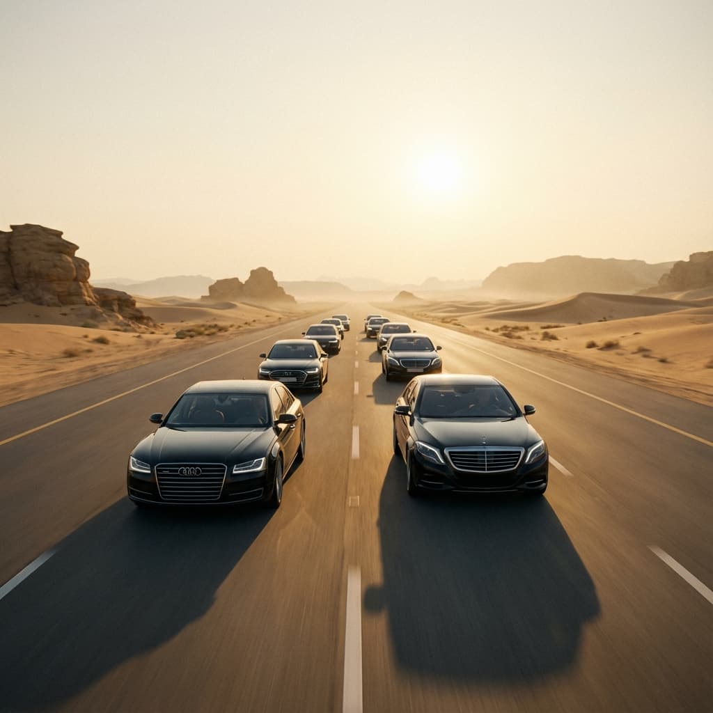 Mashaer Fleet luxury SUV at sunset — private Umrah and Hajj transfer service
